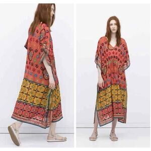 NWT Zara Embroidered Beaded Kaftan Dress M Boho Ethnic Viscose Colorful Maxi